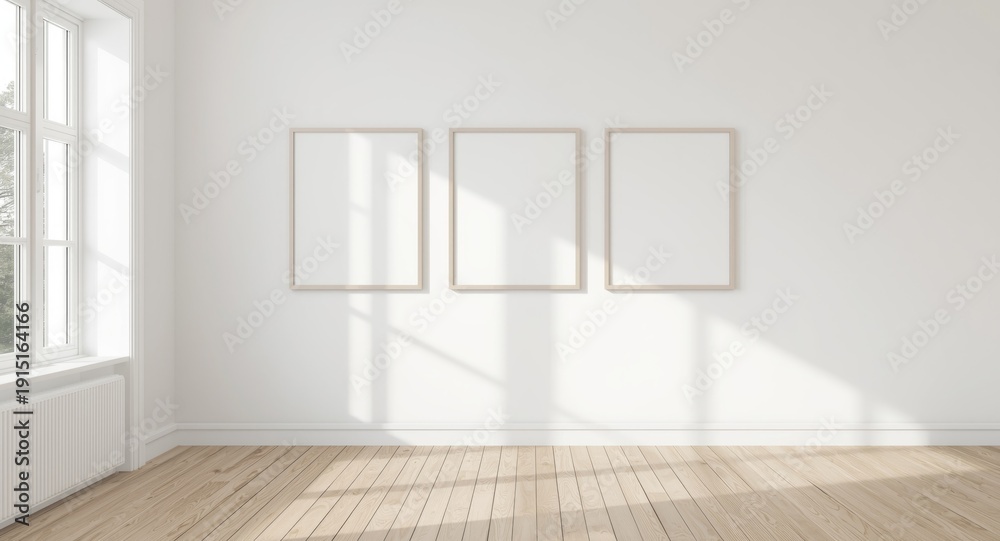 Fototapeta premium Scandinavian design living room featuring wooden flooring, white walls, three frames on wall, and an empty wall ideal for mockup display