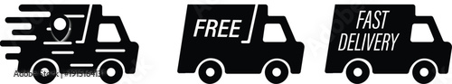 Delivery Truck icon set. Express delivery trucks icons. 24 hours, fast van, Free shipping. shipping vehicles, transportation symbols, express service, commercial logistics.
