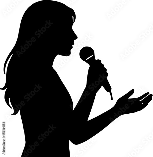 Silhouette of a woman singing into a microphone, female vocalist performing on stage