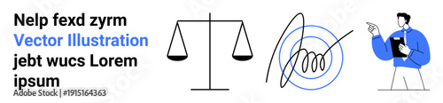 Legal services, contract agreements, document verification, business consulting, justice system, corporate identity. Scales, signature mark and professional figure. Legal services and document