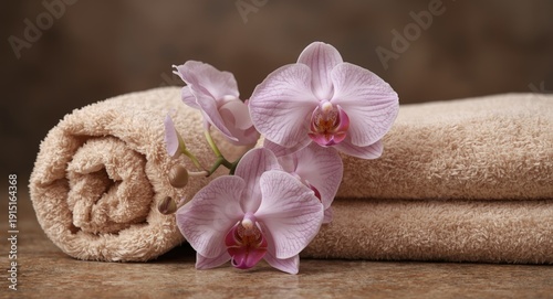 Soft terry towels paired with delicate pink and lilac Phalaenopsis orchids for soothing spa decor