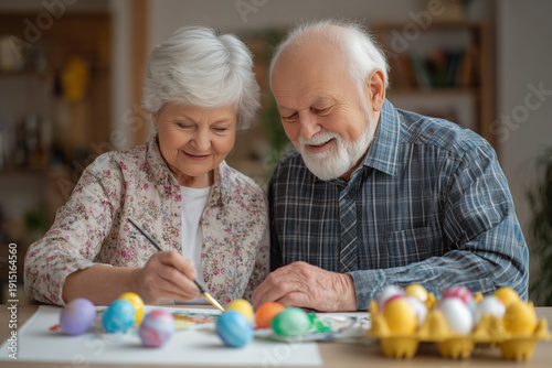 Senior couple painting colorful Easter eggs together at home table