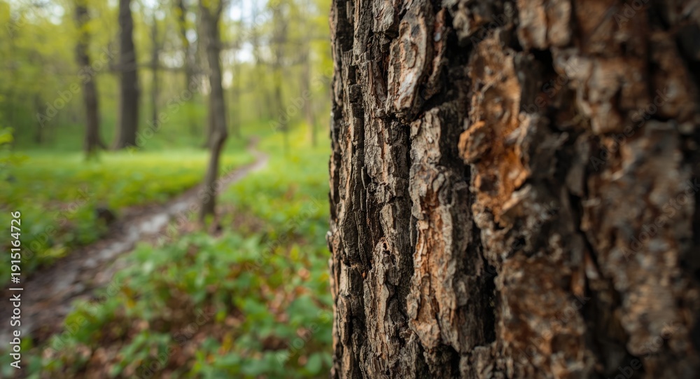 Fototapeta premium Natural tree bark close view set in early spring forest environment