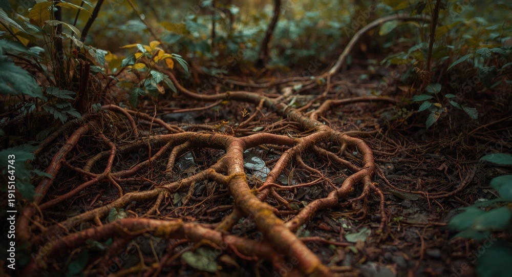 Fototapeta premium natural forest floor displaying vibrant root tangles among vegetation