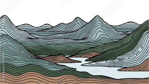 A serene landscape illustration of mountains and a lake from a distant viewpoint