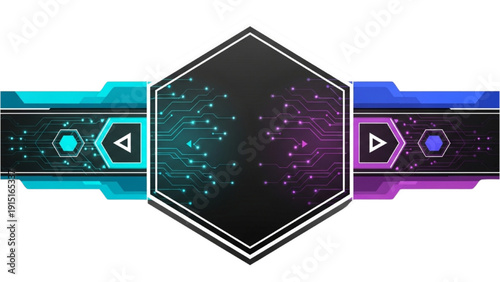 Futuristic hexagon interface with play buttons and circuit patterns on sleek modern background