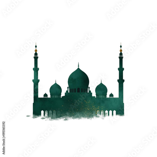 Minimal Islamic Mosque Silhouette Background in Green and Gold