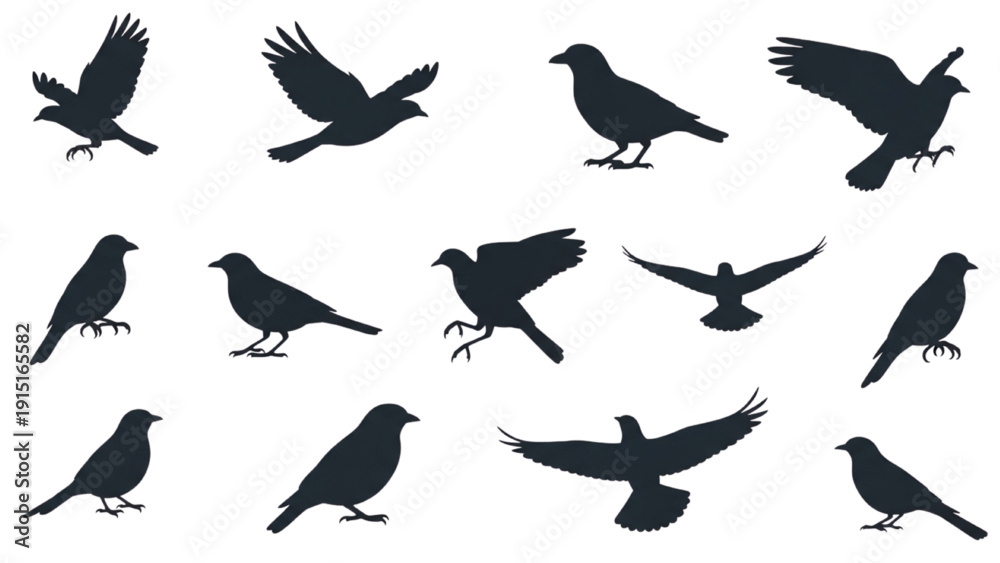 Fototapeta premium Silhouettes of birds in various flying and standing poses on a plain background