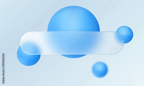 Blue glass morphism banner with abstract spheres on light background