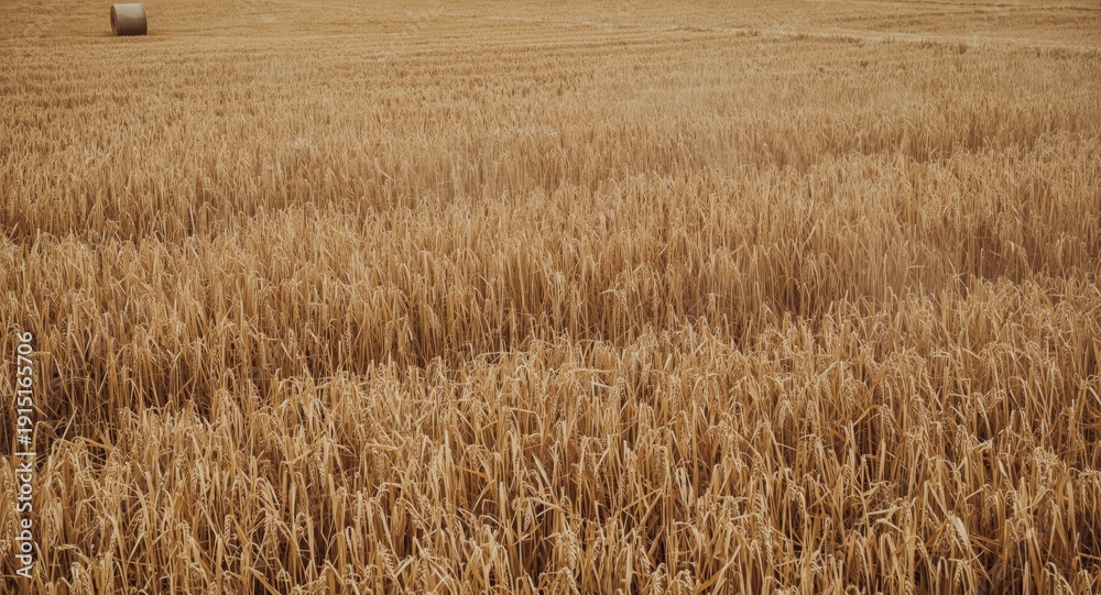 Fototapeta premium Field of harvested grain stubble with straw scattered unevenly and bales faintly seen beyond