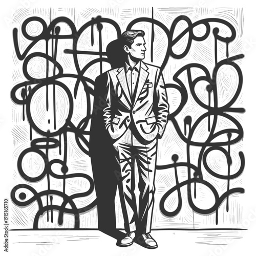 man in a modern suit posing in front of a graffiti-covered wall, blending elegance and street art sketch engraving generative ai fictional character vector illustration. Scratch board. Black and white