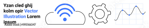 Cloud computing, data processing, wireless connectivity, analytics, technology, digital tools. A cloud with a wireless signal, gear icon and line graph on a grid. Cloud computing and data processing