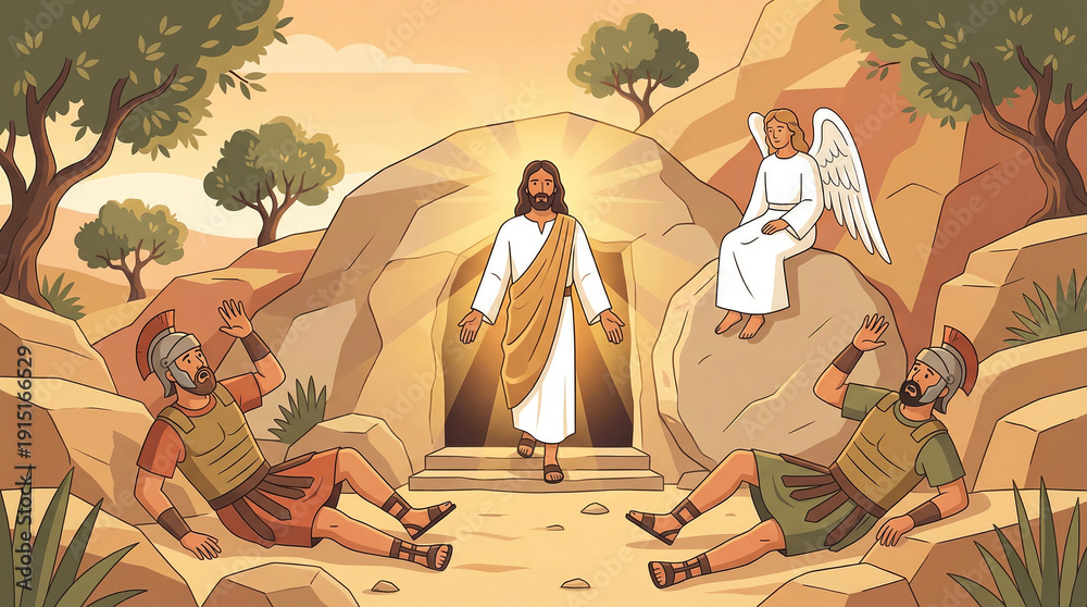 Naklejka premium Jesus Christ rises from the tomb with an angel and guards in awe