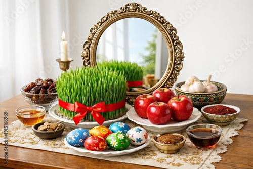 Nowruz haft sin table with apples, garlic, sprouts, mirror, eggs, dates and candle for Persian new year