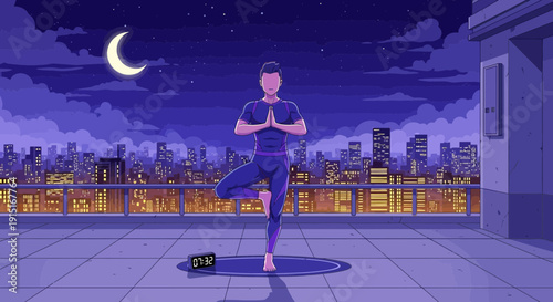 Woman in Tree Pose on Rooftop at Night.