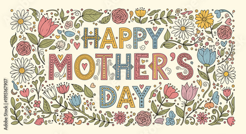 Colorful floral Happy Mother's Day card with pastel flowers and leaves