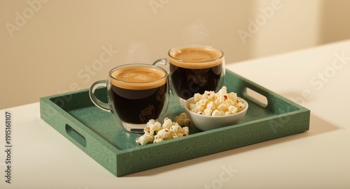 Green fiberboard tray holding two premium coffees and popcorn for snack time