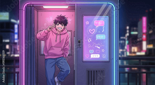 Anime Boy in Photo Booth Vibrant Urban Nightlife Scene.