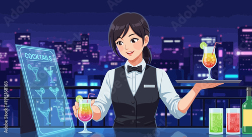 Anime Bartender Serving Cocktails in a Futuristic Bar Setting.