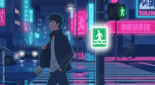 Anime Character Crossing Street at Night with Neon Signs.