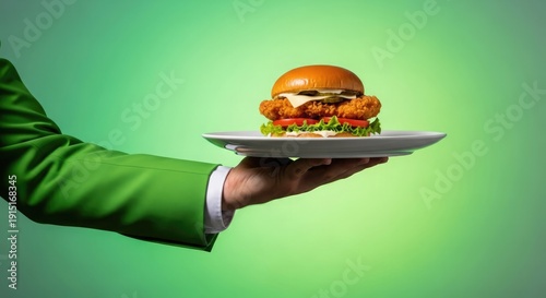Hand holding a plate with a hamburger on a green background, viewed from the side with a casual presentation