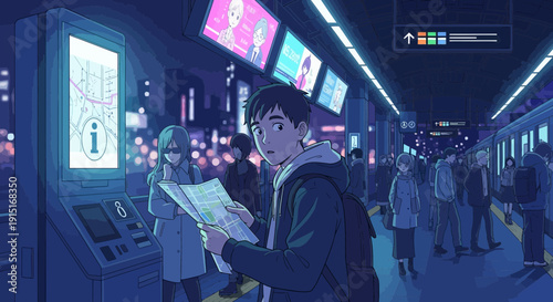 Anime Character Navigating a Subway Station with a Map.