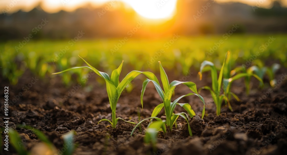 Naklejka premium Morning sunrise illuminating young corn plants in fertile soil with a blurred background showcasing agricultural growth and sustainability