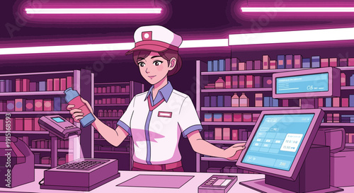 Anime Convenience Store Clerk at Register with Drink.