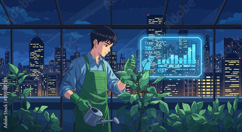 Anime Gardener Nurturing Plants with Data Visualization Overlay.