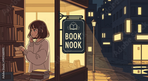 Anime Girl Browsing Books in Cozy Book Nook at Night.