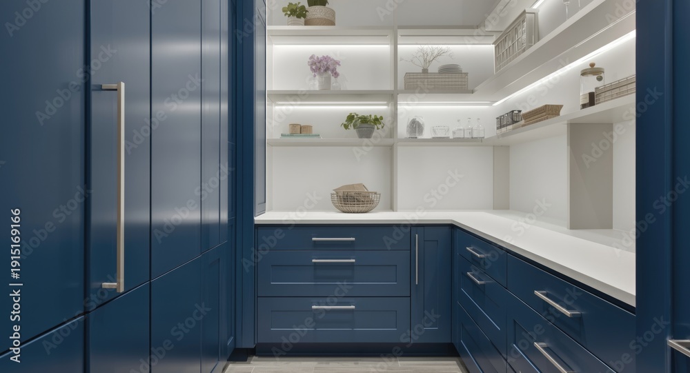 Fototapeta premium Fresh pantry look with blue and white elements and enhanced usability