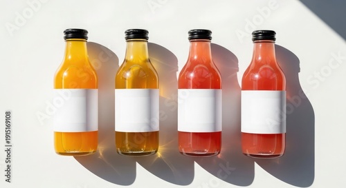 Four juice bottles with blank labels arranged in a row on a white surface viewed from directly above casting distinct shadows