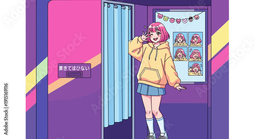 Anime Girl in Photo Booth with Pink Hair and Hoodie.