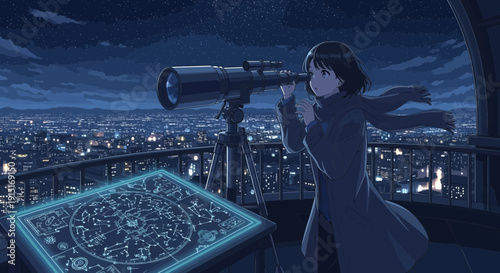 Anime Girl Gazing Through Telescope at Night Cityscape.