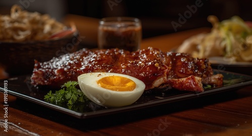Traditional boodle fight meal with pork barbecue and salted egg displayed in profile