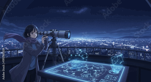 Anime girl stargazing with telescope over futuristic city.