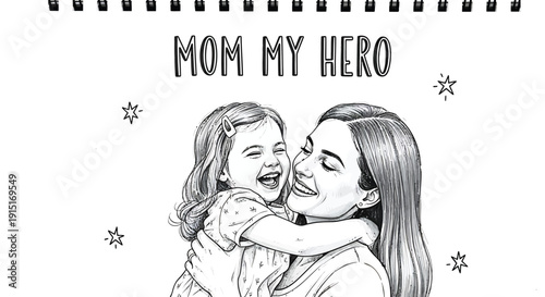 Vector illustration of a smiling woman and a little girl embracing, with 'Mom My Hero' text and starburst pattern
