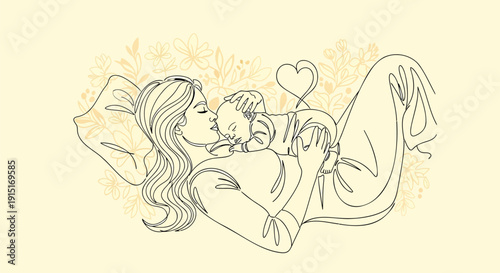 Vector illustration of a mother and child lying down with a heart above them on a soft yellow background