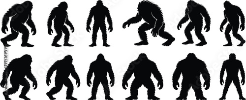 Collection of Bigfoot and Yeti Silhouettes in Different Poses Isolated on White Background for Mythical Creature Design