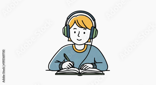 A young woman wearing headphones studying with a book and pen in a minimalist illustration