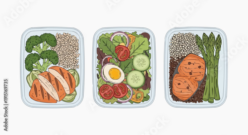 Vector illustration of three containers with healthy foods