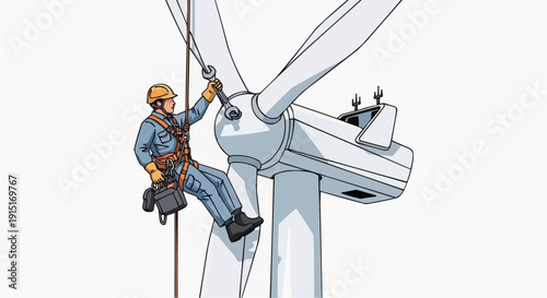 A worker performing maintenance on a wind turbine
