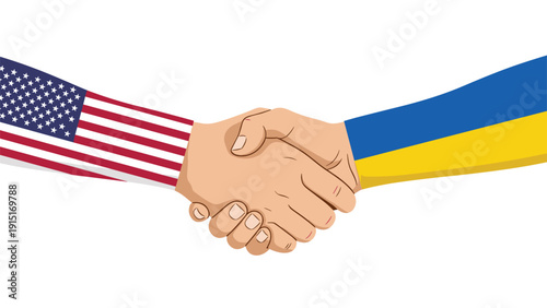 Symbolic illustration of international cooperation featuring a handshake between arms decorated with the American and Ukrainian flags.