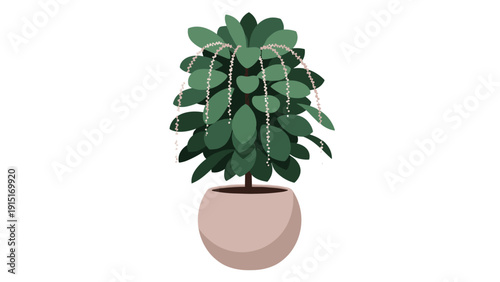 A charming vector illustration of a lush green houseplant with delicate trailing white flowers, potted in a simple beige ceramic container.