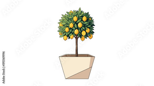 A charming and simple cartoon illustration of a small lemon tree with bright yellow lemons, growing in a modern beige pot on a white background.