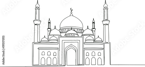 Simple line drawing of a beautiful mosque with domes and minarets on a white background
