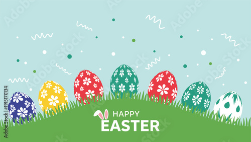 A cheerful "Happy Easter" greeting card design featuring a row of colorfully decorated Easter eggs nestled in green grass under a light blue sky.