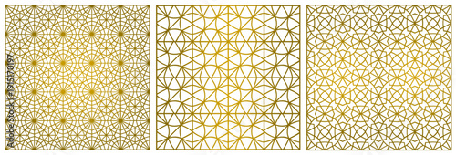 Ornement décoratif Triptyque 3 Motifs abstraits Moucharabieh Réseau de style arabe oriental géométrique Couleur Or