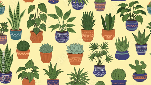 A charming and detailed seamless pattern featuring a diverse collection of houseplants and succulents in colorful, bohemian-style pots.