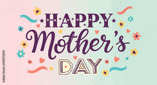 Happy Mother's Day greeting card with colorful flowers and hearts on pastel background